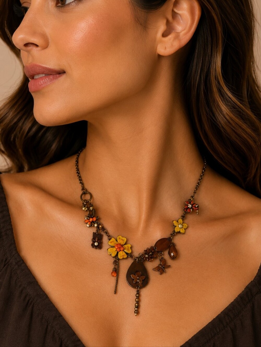 Vintage Floral Butterfly Charm Coppertone Chain Fairycore Hippie Necklace